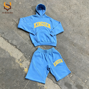 Custom Heavyweight <b>Mens</b> Vintage Acid Wash Hoodies Short <b>Set</b> Towel Chenille Embroidery Pullover Hoodie Two Piece Short <b>Set</b> - Product Image 1