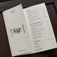 Menu de restaurant personnalisé en papier texturé plié, menu de luxe à deux volets pour restaurant gastronomique, steak, cuisine occidentale