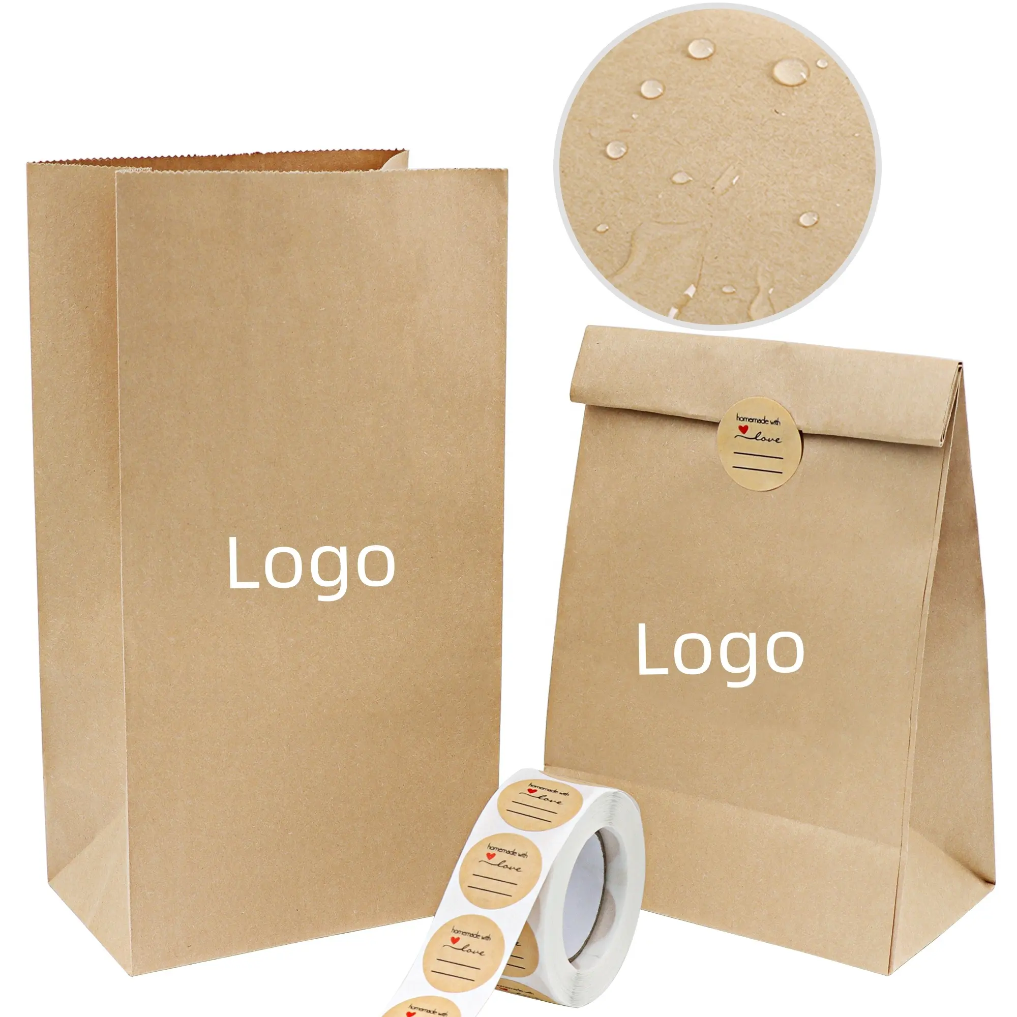 Bolsas de papel Kraft aceptadas con impresión de logotipos para alimentos, uso de entrega, bolsas de papel artesanales desechables