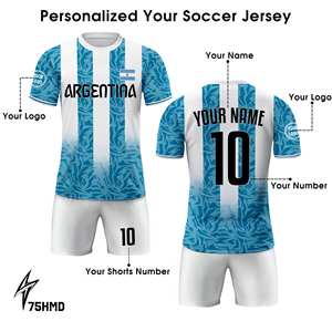 طقم قميص كرة قدم أرجنتيني مخصص للرجال، زي رياضي مع إمكانية تخصيص الاسم/الرقم/الشعار، سريع الجفاف، 100% بوليستر بتقنية النقل الحراري - Product Image 1