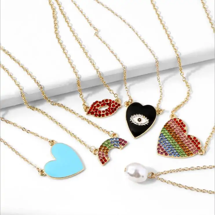 If me — colliers <span class=keywords><strong>pendentifs</strong></span> en émail cristal pour femmes, bijoux minimaliste en forme de cœur noir, perle arc-en-ciel et strass, nouvelle Collection de bijoux, 2020
