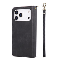 Étui portefeuille à fermeture éclair avec neuf emplacements pour cartes pour iPhone 18 Pro Max, en cuir PU, avec rabat, sangle détachable, fenêtre pour carte d'identité et support intégré