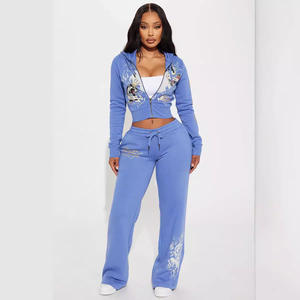 Ensemble 2 pièces streetwear pour femme, automne, comprenant un crop top à capuche zippé et un pantalon de survêtement coupe skinny, imprimé graphique, décontracté, grande taille, coupe courte - Product Image 1