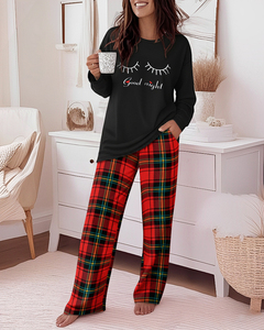 Pigiama da donna <span class=keywords><strong>a</strong></span> quadri con stampa 'Good Night', top <span class=keywords><strong>a</strong></span> maniche lunghe e pantaloni <span class=keywords><strong>a</strong></span> gamba larga, abbigliamento casual da <span class=keywords><strong>notte</strong></span> in morbido poliestere ed elastan, all'ingrosso - Product Image 6