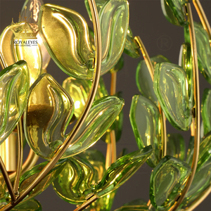Lampadario di Lusso Fatto a Mano con Foglie Verdi in Vetro, Lampada a Sospensione con Rami Dorati per Sala da Pranzo, Ristorante, Caffè, Lobby - Product Image 4