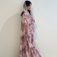 Ensemble deux pièces Abaya ouverte en polyester respirant à imprimé floral en mousseline 2026 – Tenue décontractée et élégante pour femme musulmane