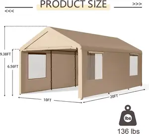 10'X20 '車の収納カーポートガレージキャノピーシェルターテント、サイドウォール付きカーポート用の白い亜鉛メッキポール