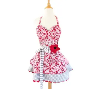 Feminino Sweety Rosa Pompom 2 Camada Dots Ruffled Flor Decorado Vestido Aventais Aventais de Cozinha Beleza Cintura Sem Mangas Moderno