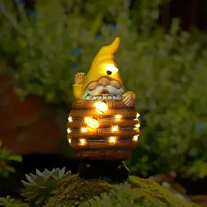 Garden Decor Gnome Statue, Decorative Bee Solar Gnome Statue Resin Bucket Outdoor Art Decor