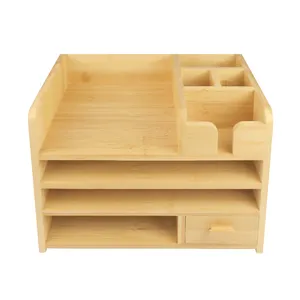 Bamboo Desktop Organizer Bücherregale Dateien Holz Voll zusammen gebautes Bücherregal Bücherregal mit Schubladen für Office Desktop