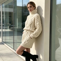 Ensemble 2 pièces en tricot torsadé pour femme, col roulé, crème, pull en tricot texturé épais + short assorti, ensemble de vêtements en tricot chaud et décontracté pour l'hiver