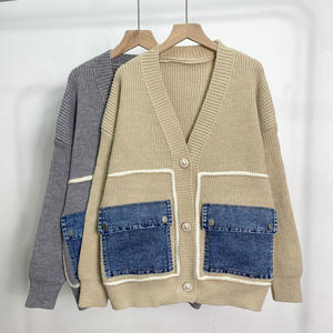 Nuevo producto Patchwork Deinim <span class=keywords><strong>cuello</strong></span> en V bolsillo tejido diseño suelto sensación temperamento todo-fósforo abrigo de <span class=keywords><strong>pelo</strong></span> mujer suéter cárdigan - Product Image 5