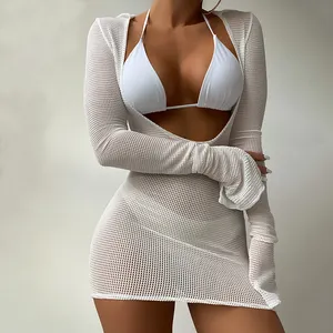 Latest Design White Long Sleeve Plain Cover Up Triangle Three Piece Swimsuit Mesh Dress Women Bikini Sets