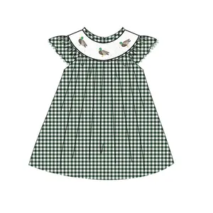 Puresun Hunting Kids Clothes Smocked Children Clothing Green Gingham Cotton Baby Girl Clothing With Duck Embroidery