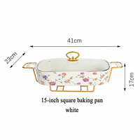 Plat de service rectangulaire en céramique motif vigne de rose avec couvercle en verre et support doré – Chauffe-plat pour mariages, traiteurs et banquets