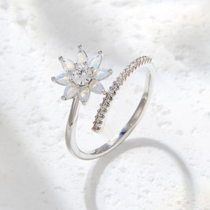 Flower Shaped Ring With Opal And Diamond Pave Setting Adjustable For Women's Fashion Jewelry Gift - Product Image 1