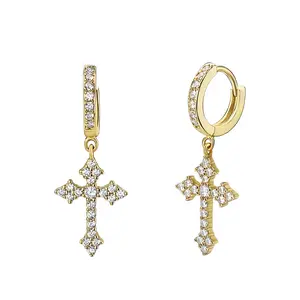 Wholesale Fashion Iced Out Cubic Zirconia 925 Sterling Silver Gold Plated Cross Huggie Hoop Drop Earrings