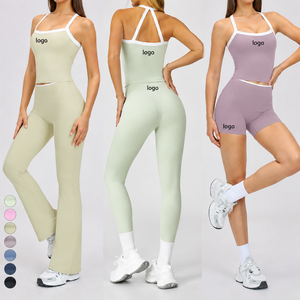<span class=keywords><strong>Ensemble</strong></span> de sport 2 pièces pour <span class=keywords><strong>femme</strong></span> avec logo personnalisé, bord contrastant, sans couture, taille haute, effet push-up, débardeur dos croisé et pantalon évasé, tenue de yoga et de détente - Product Image 1