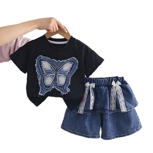 Completo due pezzi in denim con stampa a farfalle per <span class=keywords><strong>bambina</strong></span>, top a maniche corte e <span class=keywords><strong>pantaloncini</strong></span> in denim, outfit estivo - Product Image 5