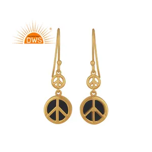 Black Onyx Gemstone Earrings Peace Design Gold Plated Sterling Silver Dangle Hook Earrings Jewelry Wholesale