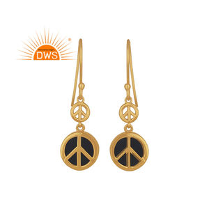 Black Onyx Gemstone Earrings Peace Design Gold Plated Sterling Silver Dangle Hook Earrings Jewelry Wholesale - Product Image 1