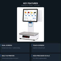 Mesin Kasir Terminal POS Sistem POS All-in-One Android Layar Ganda 14.1" Timbangan Printer Intel I5 Putih