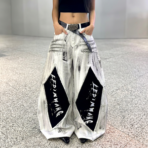 White Wash Wide Leg <b>Jeans</b> Distressed Denim <b>Baggy</b> Pants Mid Waist Streetwear Trousers for <b>Women</b> - Product Image 1