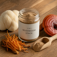 Stack de champignons biohacking premium |   Mélange 3-en-1 Lion's Mane Cordyceps Reishi |   Bêta-glucanes standardisés |   Extrait Nootropique