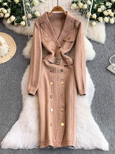 Robe en maille pour femme, coupe trapèze, taille ajustée, col tailleur, imprimé floral <span class=keywords><strong>labyrinthe</strong></span>, style décontracté et tendance, hiver - Product Image 1