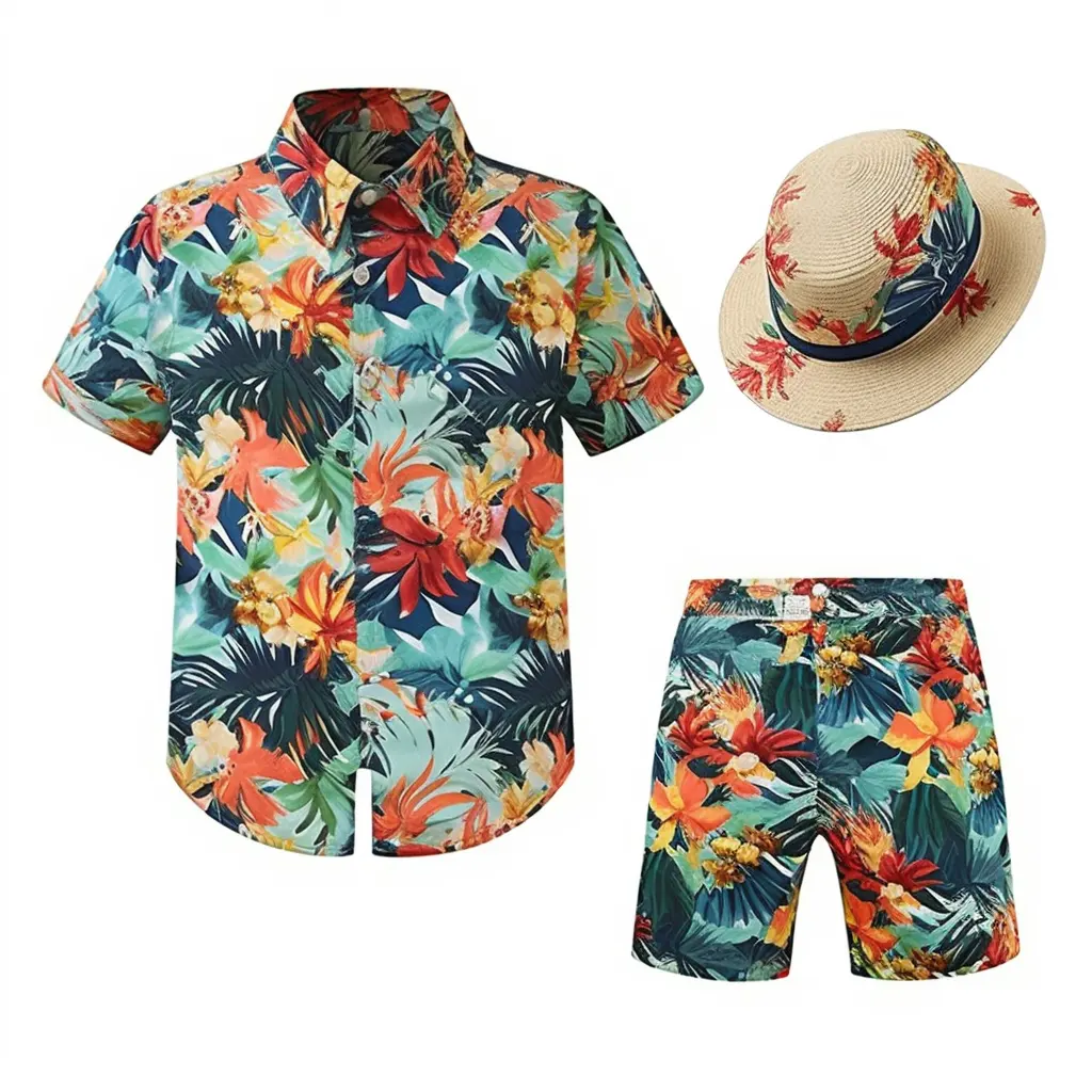 Resort Sommer Freizeithemd-Set für Herren hawaiianischer Blumendruck zweiteilig mit Eimermütze und Strandshorts anzüge