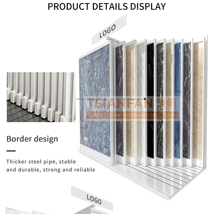 Tsianfan Factory Sale Showroom System Custom Pull Push Display Orbital Ceramic Tile Stone Marble Granite Rack Slab Sliding Stand