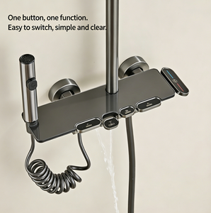 Système de douche gris anthracite 4 fonctions avec bouton poussoir, robinet thermostatique, jets de pluie et doux, fixation murale et douchette à main - Product Image 1