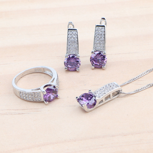 Conjuntos de joyería de plata 925 de lujo de amatista púrpura para mujer boda circonita cúbica pendientes de novia anillo pulsera colgante collar conjunto - Product Image 3