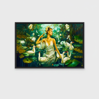 Élégant Panneau Mural Art Déco Scénique « Déesse du Lac des Cygnes » sur Toile de Coton Imprimée, Encadré Transparent, Prêt à Accrocher, Idéal pour Anniversaire