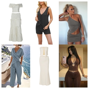 Nuevo diseño de conjunto de dos piezas de punto para mujer, informal, con top sin mangas con cuello en V y detalle de cordones, y pantalones cortos por encima de la rodilla, para verano. - Product Image 1