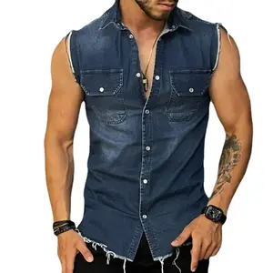 RNSHANGER Fashion Men Summer Solid Color Denim Shirts Single-Breasted Design Pocket Decor Turn-down Collar Sleeveless Slim Shirt