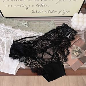 Culottes sexy pour femmes, taille basse, en tricot uni respirant, avec dentelle, style bikini croisé au dos, string sexy - Product Image 2