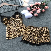 Grosir Lintas Negara ODM Musim Panas Terbaru Wanita Baju Tidur Satin Sutra Es Seksi Motif Leopard Eropa/Amerika Tebal 2-Potong