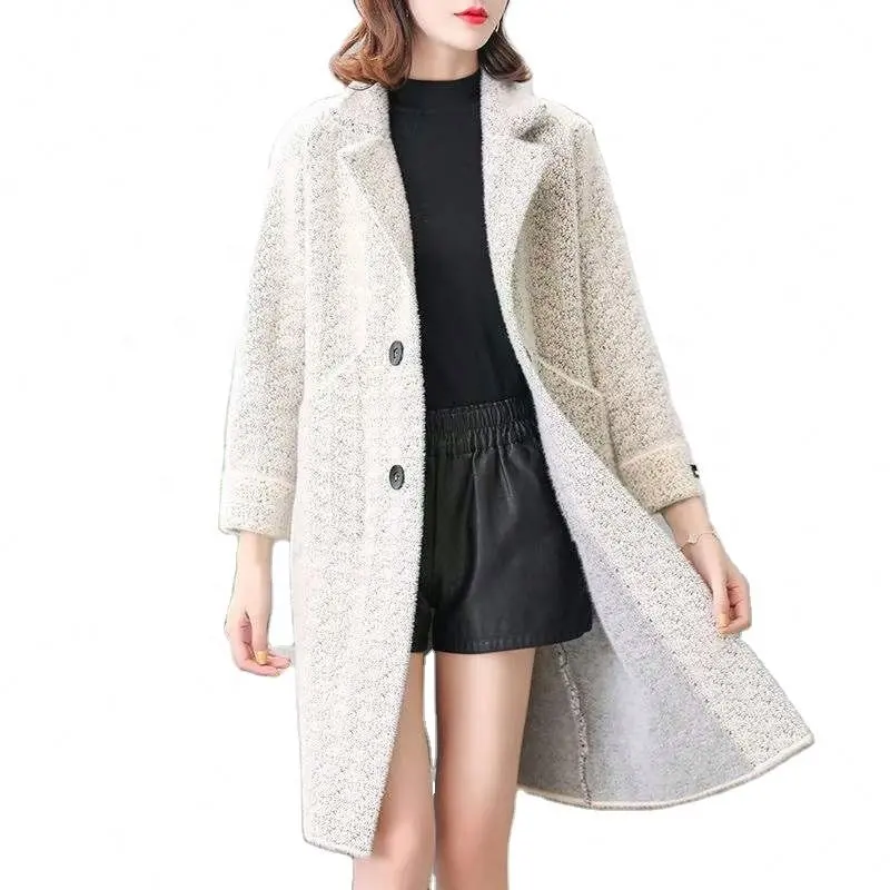 New Arrival Korea Style Long Sleeve Collect Waist Over Knee Polyester Mink Cashmere Plus Size Long Mohair Sweater Coat