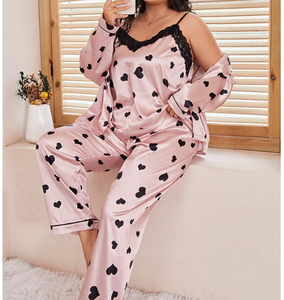 Contrast Lace Button <strong>Pj</strong> <strong>Set</strong> Plus Size Women's Sleepwear Satin Pajamas <strong>Sets</strong> Print 3 PCS Robe <strong>Sexy</strong> <strong>Set</strong> - Product Image 1