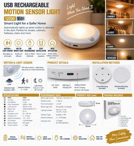 Luz con Sensor de movimiento recargable por USB, 12200, 400LM, LED, montaje en techo, encendido y apagado automático para armario, escaleras, dormitorio - Product Image 1