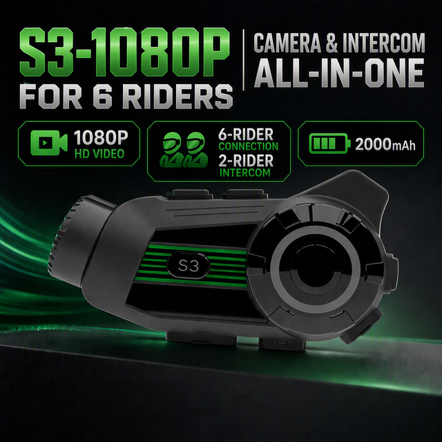 2000mAh Battery 80H Talk Time Motorcycle Helmet  Intercom with 1080P Camera 512GB TF Card Support WIFI Recorder IP67