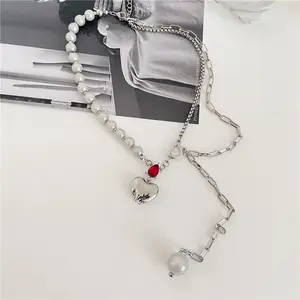 Vershal B3-276 Ins Offre Spéciale Vintage Rouge Pendentif Coeur De Pierre Gemme Collier Réfléchir La Lumière Perle Collier