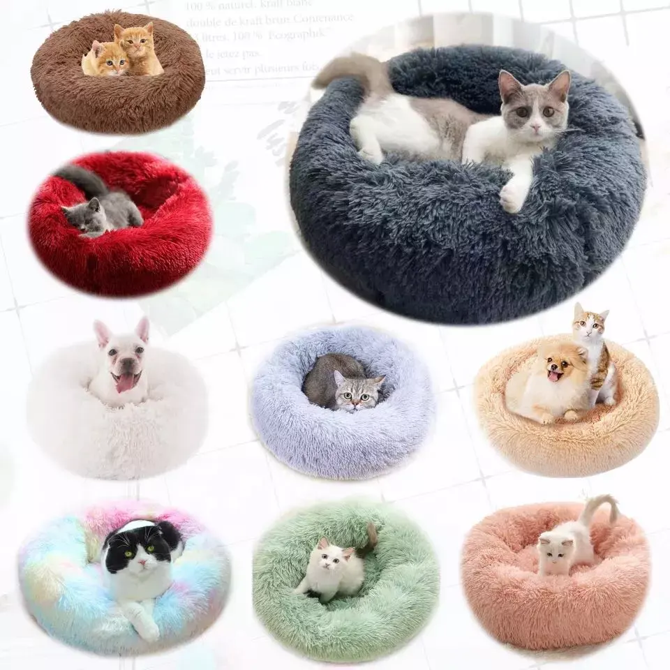 Factory Direct Sale Soft Removable Custom Cat Bed Fluffy Indoor Cat Bed Luxury Multi-color Round Long Plush Cat Bed