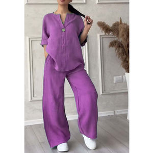 Conjunto de 2 Piezas de Pantalones Anchos Casuales de Color Sólido, de Algodón y Lino, para Mujer - Product Image 6