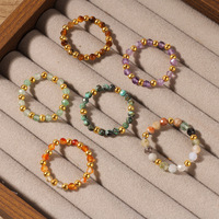 Go2boho Vergoldeter Bohemian Naturstein-Ring mit Tigerauge und Amethyst, Mini-Perlen, Elastisch Verstellbar, Dehnbar, Damenring für Hochzeit und Alltag