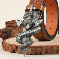Ceinture de pantalon sculptée rétro pour hommes en gros en stock épée à enroulement en python tridimensionnel ceintures en cuir véritable en alliage de Zinc