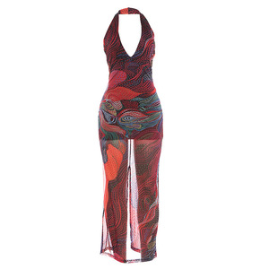 Abito lungo da donna con scollo all'americana e stampa astratta, vestito aderente in rete trasparente per feste ed eventi serali, abiti Sehe Fashion - Product Image 5