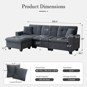 Sofá seccional en forma de L convertible moderno con asiento profundo otomano movible, sofá de nube, juego de madera de gran tamaño para sala de estar - Product Image 2