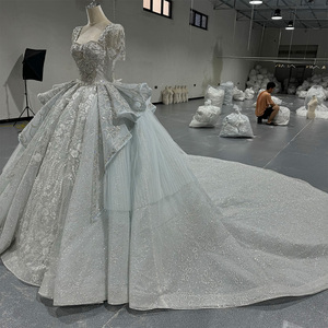 Para Jancember MN264 moderno medio manga imperio vestido de novia para mujer elegante brillante capilla tren Falda larga cristal - Product Image 2